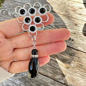 Vintage Silver Tone Brooch with Dangling Black Charm